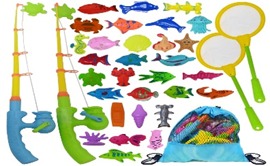 Fishing game(Fishing Toys Set, Magnetic Fishing Set with Rods, Nets, Bag, and 30 Aquatic Toys, Interactive Fishing Game )